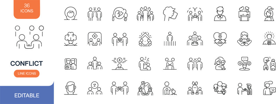 Minimal conflict line icons set featuring teamwork issues, communication problems, disagreement concepts, mediation, stress, argument, and human interaction symbols vector pack