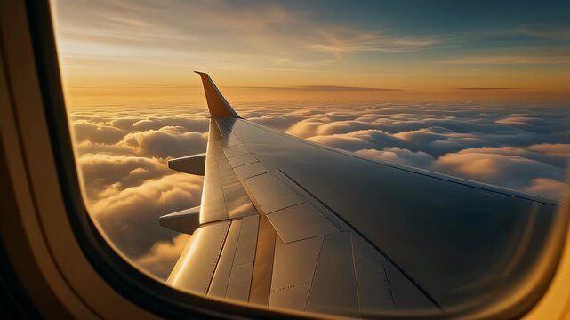 A breathtaking view from an airplane window showcases a golden sunset illuminating a vast expanse of fluffy clouds below, highlighting the aircraft's wing.