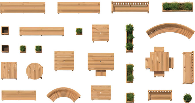 Top View Wooden Outdoor Furniture Set Collection Including Benches Tables Planters and Seating Elements for Landscape Design