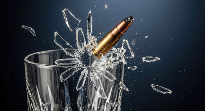 Bullet shattering glass action shot of impact and fragmentation against dark backdrop