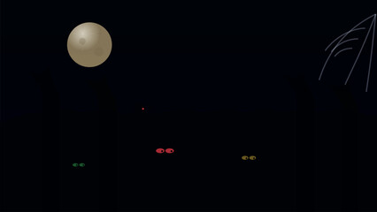 Naklejka premium Moonlit night scene with glowing eyes and silhouetted structures Vector