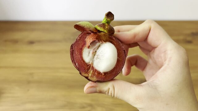Horizontal close-up video of fresh mangosteen fruit. Exotic tropical fruit with purple rind and white segments