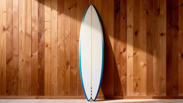 White Surfboard Accented With Blue Edges Resting On Wooden Wall