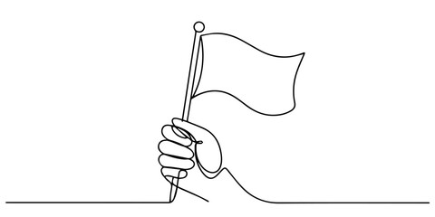 a hand holding a waving flag on a pole 4th of July Happy Independence day continuous one line drawing, A hand holding a flag on a pole in a continuous line drawing style, 4th of July greeting card pro © Gerish