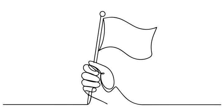 a hand holding a waving flag on a pole 4th of July Happy Independence day continuous one line drawing, A hand holding a flag on a pole in a continuous line drawing style, 4th of July greeting card pro