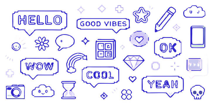 Neon blue stickers and doodles on a dark black background