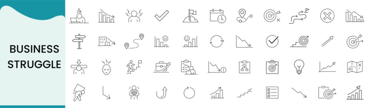 Business Struggle and Problem Icon Set, Financial Crisis Stress Failure Challenge Solution Concept Vector Collection