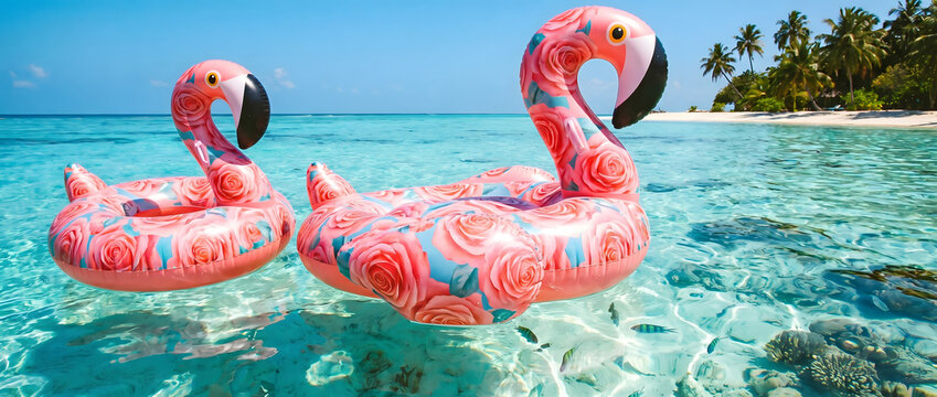 Pink flamingo-shaped inflatable float with rose patterns floating on clear turquoise sea water