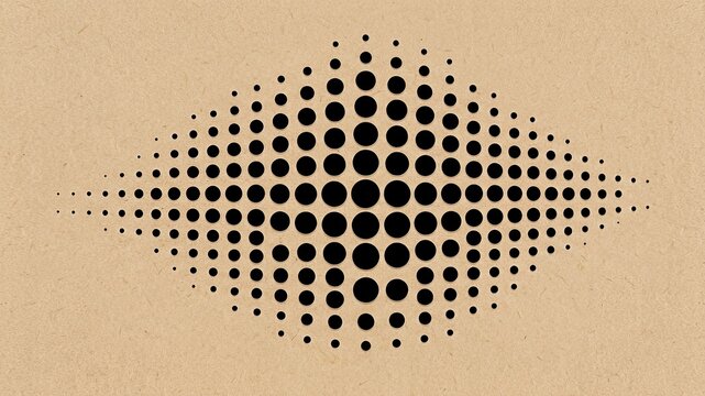 Halftone pattern of black circles in a diamond shape on a textured brown background.