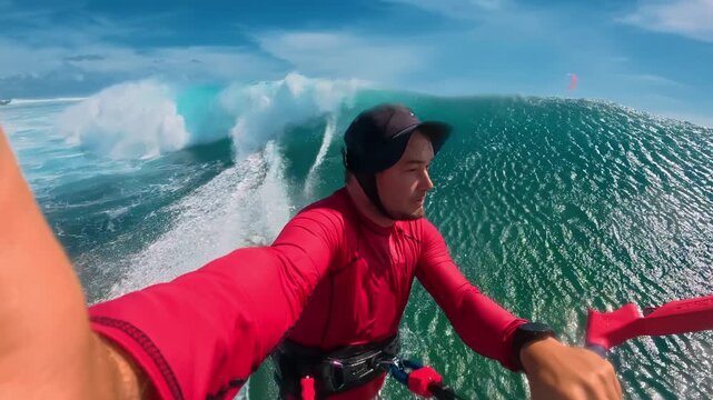 A male kitesurfer in a red sweater and sunhat films himself riding a huge ocean wave. Extreme sports