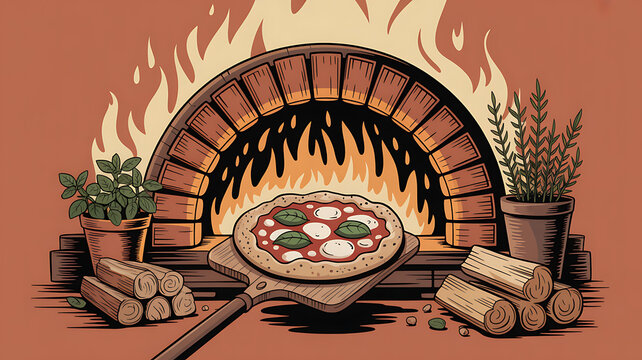 Traditional wood fired pizza oven illustration with fresh margherita pizza on paddle and burning flames background.
