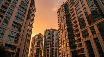 Fototapeta premium Ultra realistic low angle view of luxury residential apartment buildings towering under a warm orange sunset sky in a modern urban city landscape space