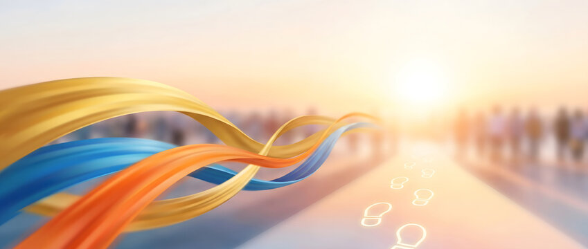 Colorful ribbons flowing along a glowing path with footprints and silhouetted crowd in the distance