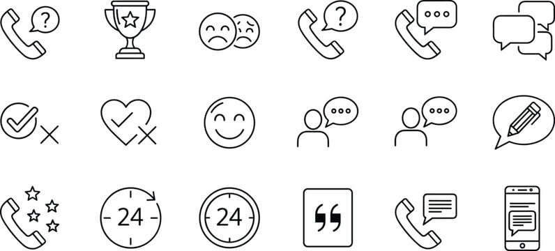 Minimal customer support and communication line icon set featuring phone chat feedback rating service symbols for modern interface design
