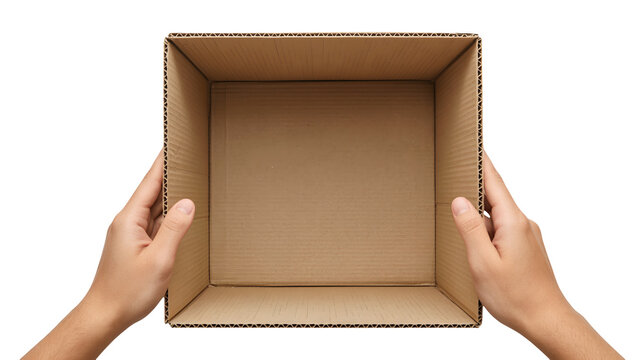 Two hands hold an empty open cardboard box viewed from above isolated on transparent background