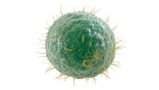 Green spherical bacterium with yellow hair-like appendages, isolated on transparent background