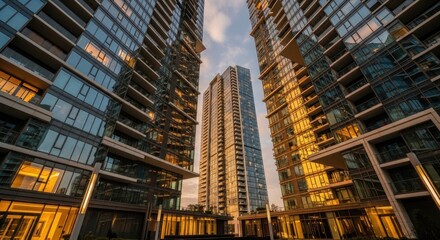 Obraz premium Captivating perspective of modern skyscrapers at golden hour, reflecting urban elegance and contemporary architecture