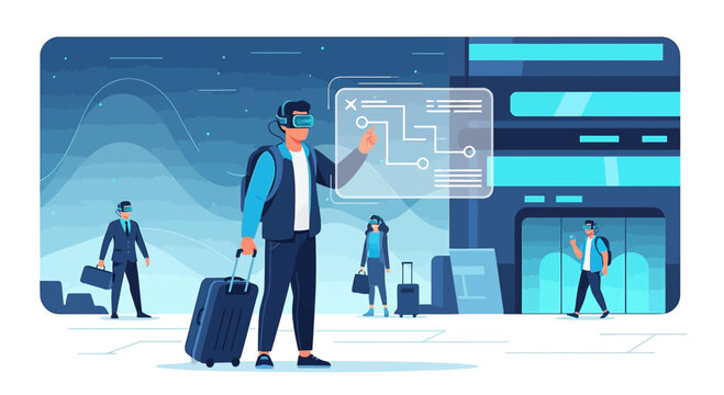 Future travel experience with virtual reality technology, navigating with digital interface