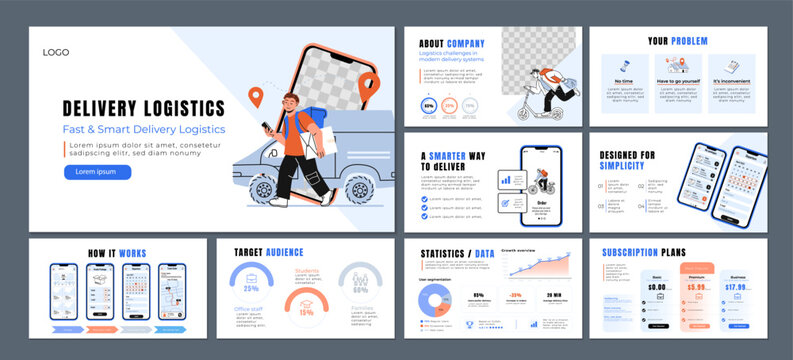 Modern delivery presentation with mobile UI, logistics concept and startup pitch deck. Clean slides for food delivery apps, ecommerce and business projects.