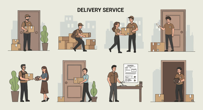 Delivery service workers handling packages and parcels for various customers.