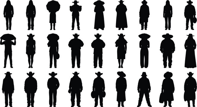 Human silhouettes collection with various people poses hats and cultural outfits, cad drawing flat vector illustration for character design projects