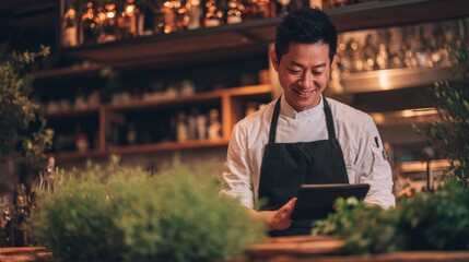 Fototapeta premium Restaurant Owner Utilizing AI Technology for Efficient Staff Scheduling and Management in Modern Culinary Environment