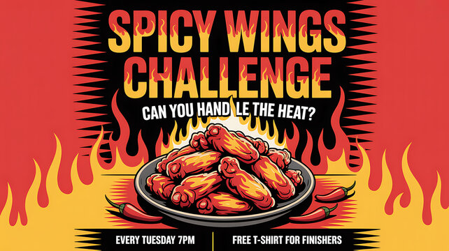 Spicy wings challenge poster with flames can you handle heat every tuesday 7pm free t-shirt for finishers.