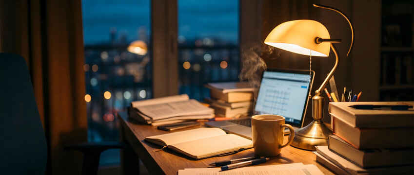 A cozy study desk at night with a warm desk lamp illuminating notebooks, books, and a laptop