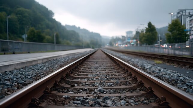A straight railway track disappearing into a misty verdant landscape under an overcast sky