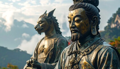 Obraz premium Bronze sculptures of a human with beard and a mythical beast. Mountains and sky form the serene background