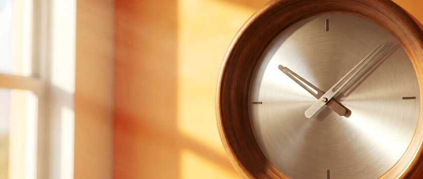 Wooden framed wall clock with metallic dial in close-up shot featuring soft indoor lighting