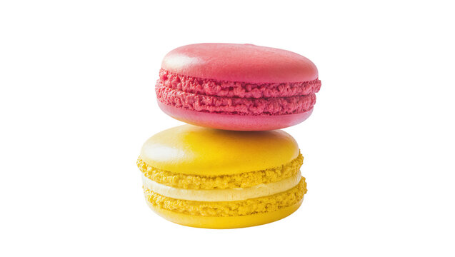 Two colorful macarons stacked pink and yellow, isolated on transparent background