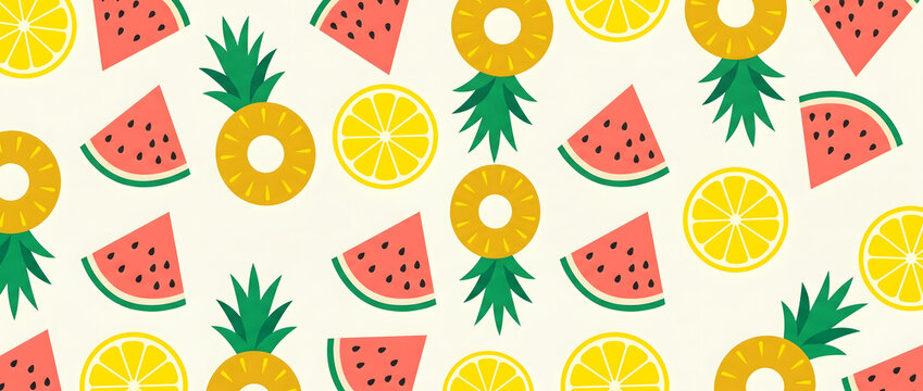 Flat design pattern featuring sliced pineapple, watermelon, and lemon fruits on a light background