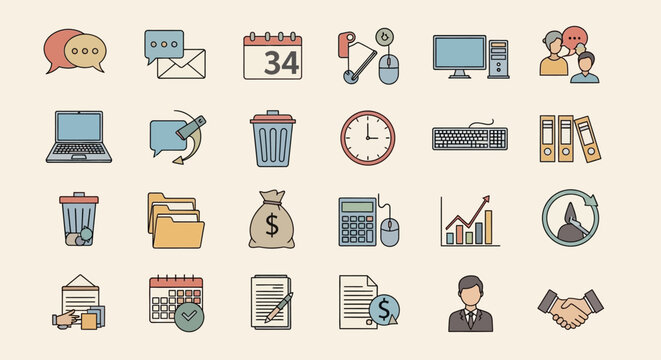 Business icons and office symbols.