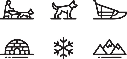 Arctic tundra black line vector icon set. Dog sledding silhouette icon in flat outline stroke line art © MdMujahidFakir