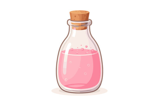 Glass bottle with pink liquid and cork stopper. Cosmetic lotion, magic potion elixir, or perfume. Simple flat vector illustration isolated on white background for skincare, beauty, or fantasy.