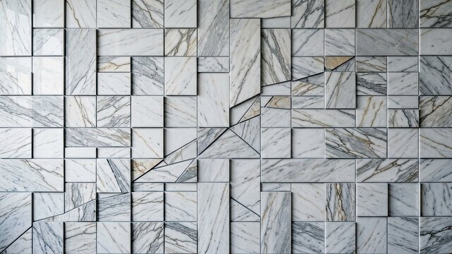 Marble tiles wall pattern, geometric arrangement with broken pieces, grey and white stone.