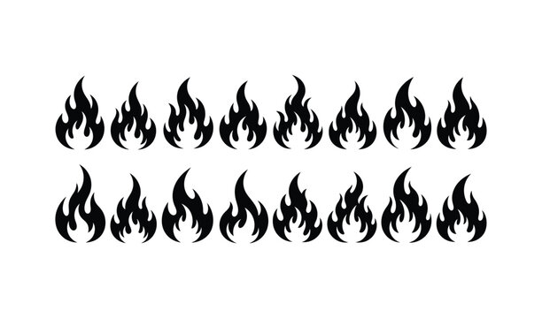 Collection of Twenty Black Fire Icons, Vector Illustration, Isolated on White Background, Symbolizing Heat and Energy