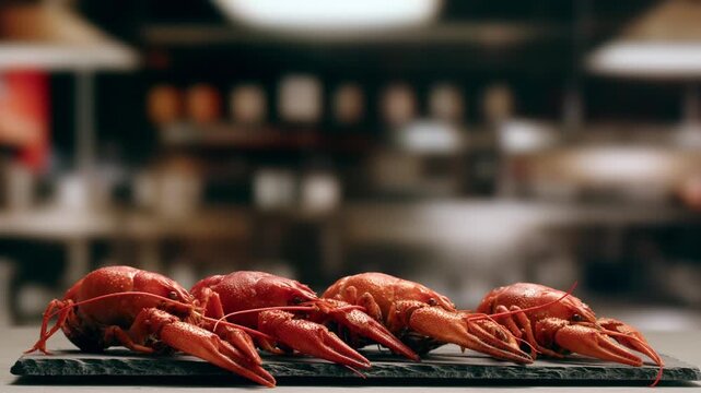 Boiled European crayfish Astacus astacus river seafood freshwater cooked crustacean, noble crayfish, or broad-fingered crayfish, traditional food source.