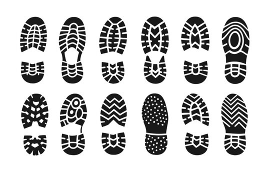 Set of twelve diverse shoe sole prints and boot footprint silhouettes featuring various tread patterns for sneakers, hiking boots, and work shoes. Flat vector illustration for design projects.