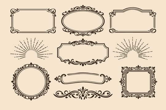 Vintage Decorative Frame Collection with Ornamental Borders and Sunburst Elements. Ornate Victorian Style Vector Illustration for Labels, Invitations, and Classic Graphic Design Projects.