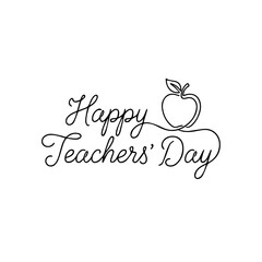 Obraz premium Happy Teachers Day lettering with an apple. Continuous one line drawing vector illustration. Education holiday greeting concept