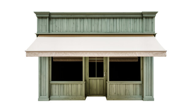 Green wooden storefront with white awning, isolated on transparent background