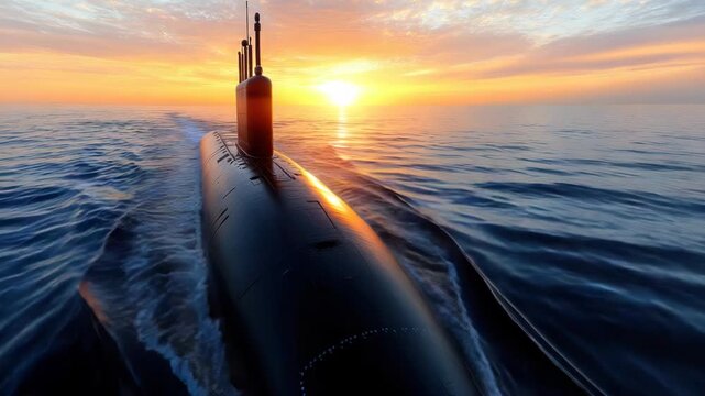 Military submarine emerging from the deep, navigating open ocean waters with a powerful wake.symbolizing global security, naval power, strategic defense, and international relations. Copy space
