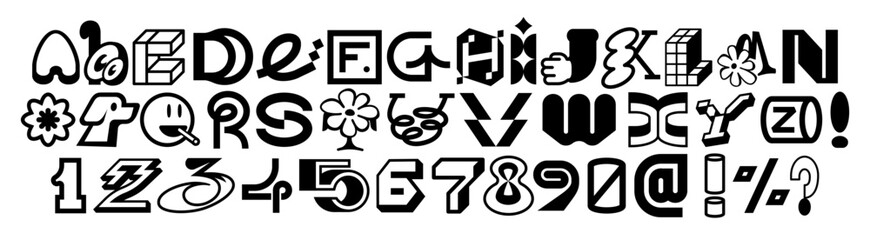 Quirky decorative alphabet with unique characters, numbers and symbols in bold black-and-white style. Each letter features playful details. Perfect for branding, posters and typography projects. © crocolot