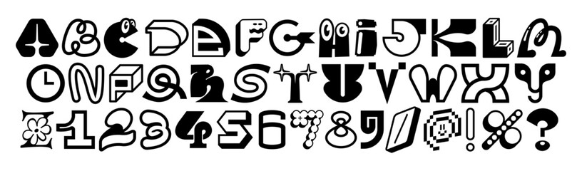Quirky decorative alphabet with unique characters, numbers and symbols in bold black-and-white style. Each letter features playful details. Perfect for branding, posters and typography projects. © crocolot