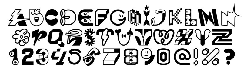 Quirky decorative alphabet with unique characters, numbers and symbols in bold black-and-white style. Each letter features playful details. Perfect for branding, posters and typography projects. © crocolot