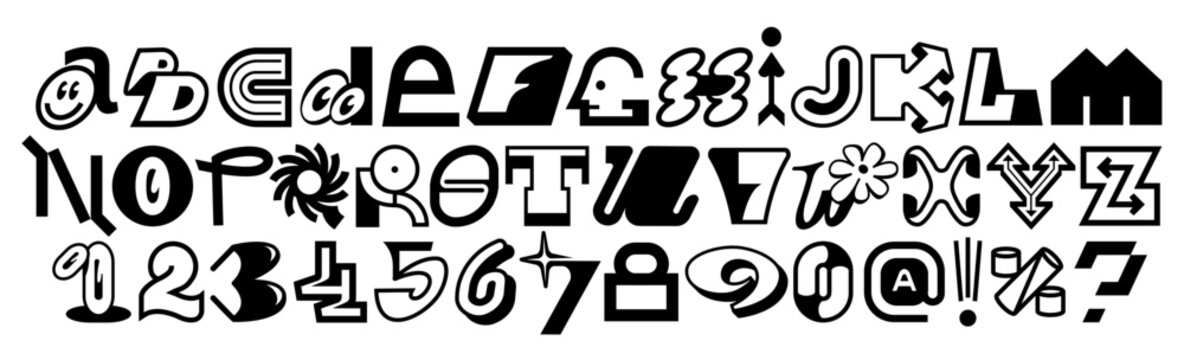 Quirky decorative alphabet with unique characters, numbers and symbols in bold black-and-white style. Each letter features playful details. Perfect for branding, posters and typography projects.