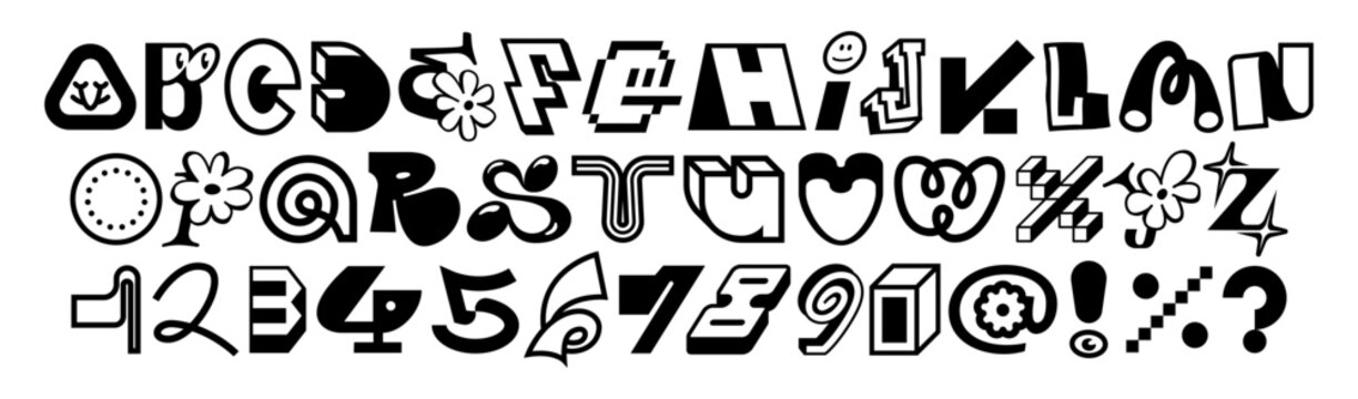 Quirky decorative alphabet with unique characters, numbers and symbols in bold black-and-white style. Each letter features playful details. Perfect for branding, posters and typography projects.