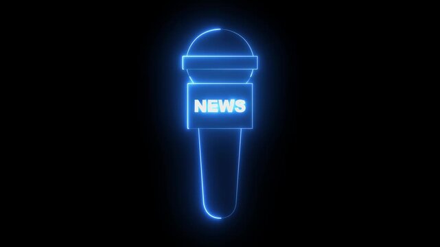 Glowing neon press microphone icon isolated on black background. news microphone icon, reporter mic for interview or press conference. 4k video animation.